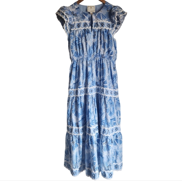 CK Bradley X Sail to Sable Blue and White Maxi Flutter Sleeve Ric-Rac Dress Sz M